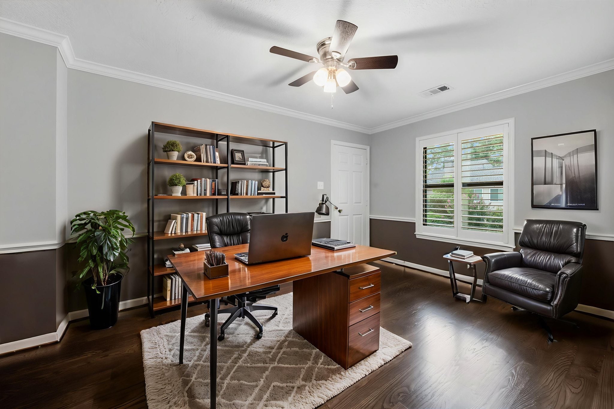 Professionally photographed home office with warm wood details